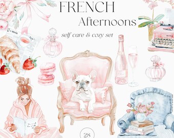Watercolor Cozy Self Care Girly Clipart - Girl Boss Clipart - Planner Clipart - French bulldog - French Girly Clipart