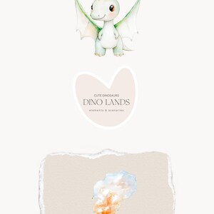 May include: Watercolor illustration featuring a cute green dinosaur with wings, a volcano, and the text "mix and match". The image also includes the text "Cute Dinosaurs Dino Lands elements & scenarios".