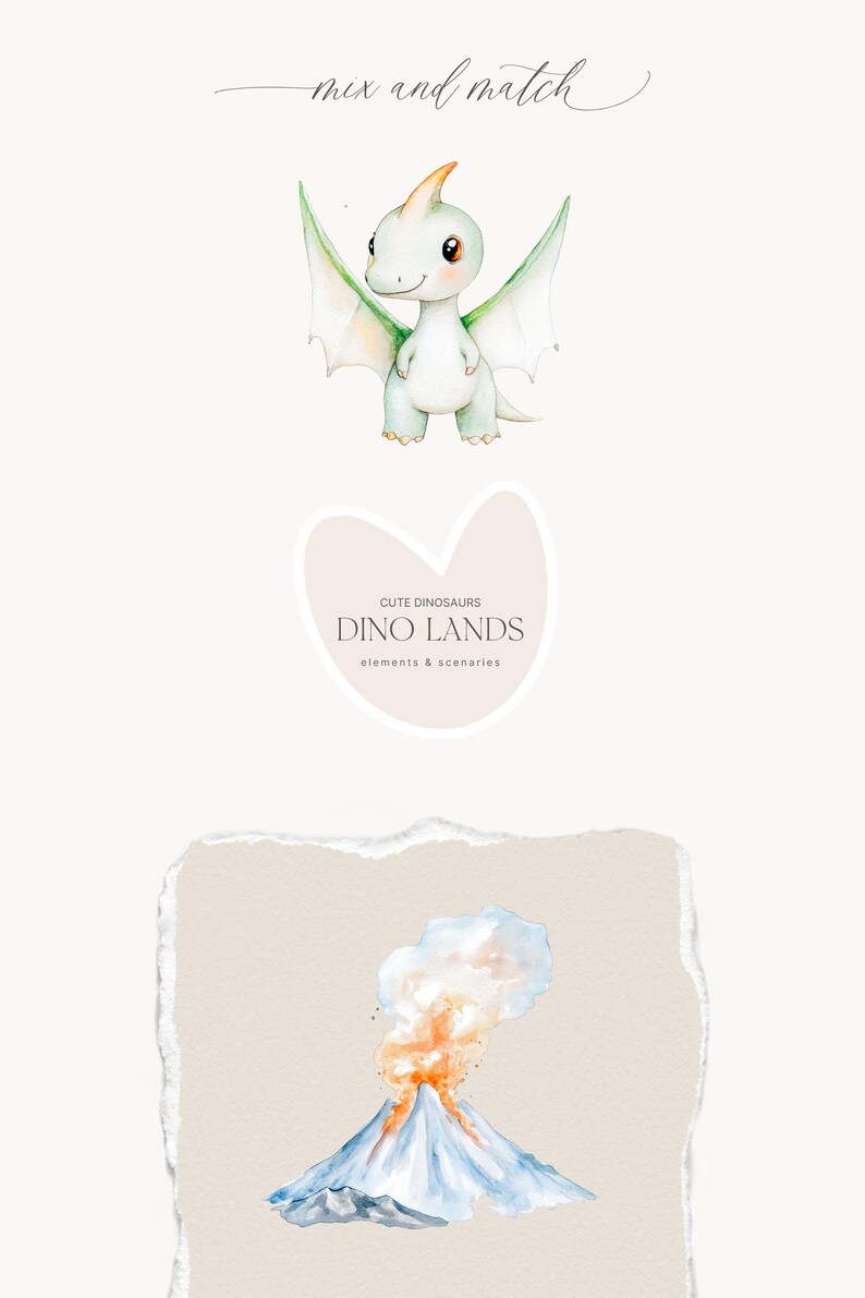May include: Watercolor illustration featuring a cute green dinosaur with wings, a volcano, and the text "mix and match". The image also includes the text "Cute Dinosaurs Dino Lands elements & scenarios".