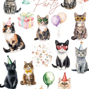 May include: Watercolor illustration featuring various cats with party hats, sunglasses, and bow ties. The phrase "Cat Party" is written in a cursive font. Balloons and a gift box are also included in the design.