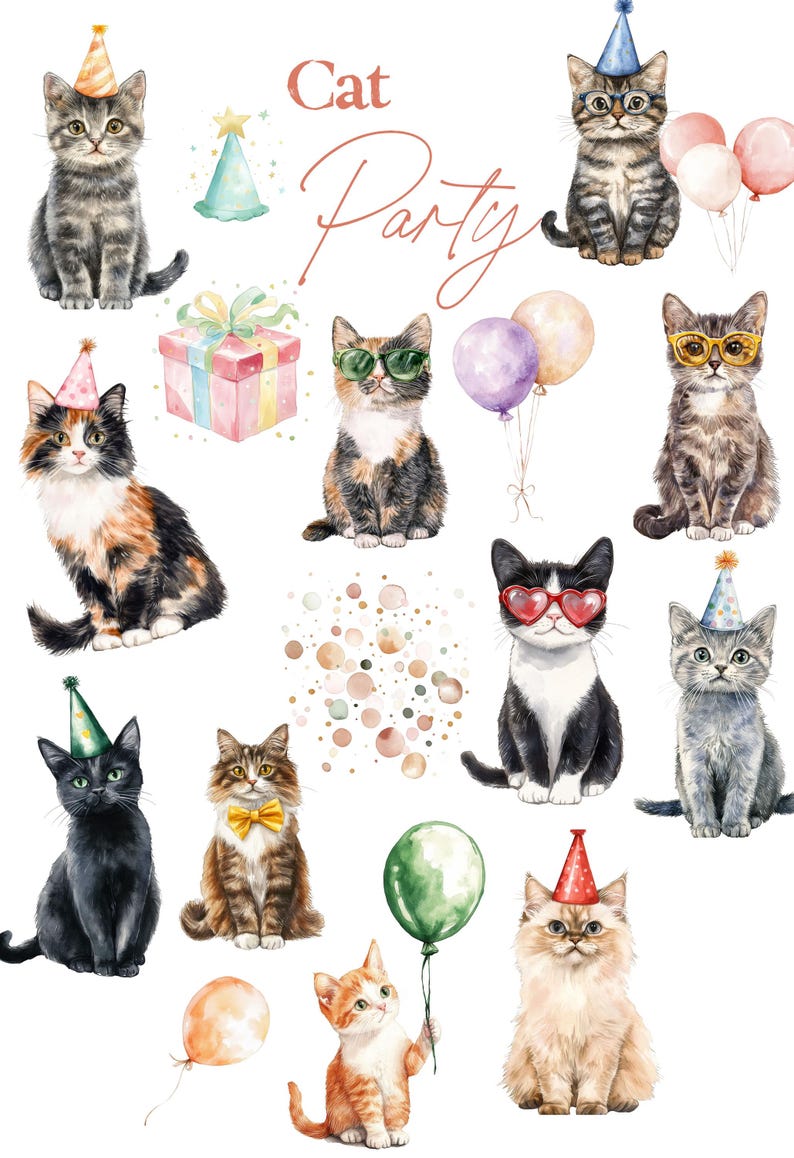 May include: Watercolor illustration featuring various cats with party hats, sunglasses, and bow ties. The phrase "Cat Party" is written in a cursive font. Balloons and a gift box are also included in the design.