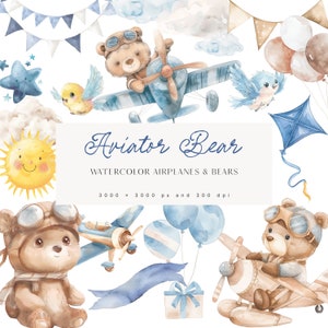 Niedlicher Flieger Bär Clipart - Flugzeuge & Bären - Aquarell Bären - Süßer Pilot Bär Clipart - Flugzeug Bären - Blau - Unlimitierte Verkaufslizenz