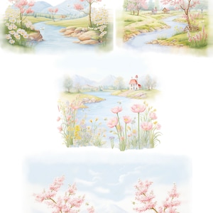 May include: A watercolor painting of a spring scene with a river flowing through a meadow. There are pink cherry blossom trees, a small red house, and bees flying around. The text "HONEY SPRING HONEY BEES EDITION" is at the top of the image.