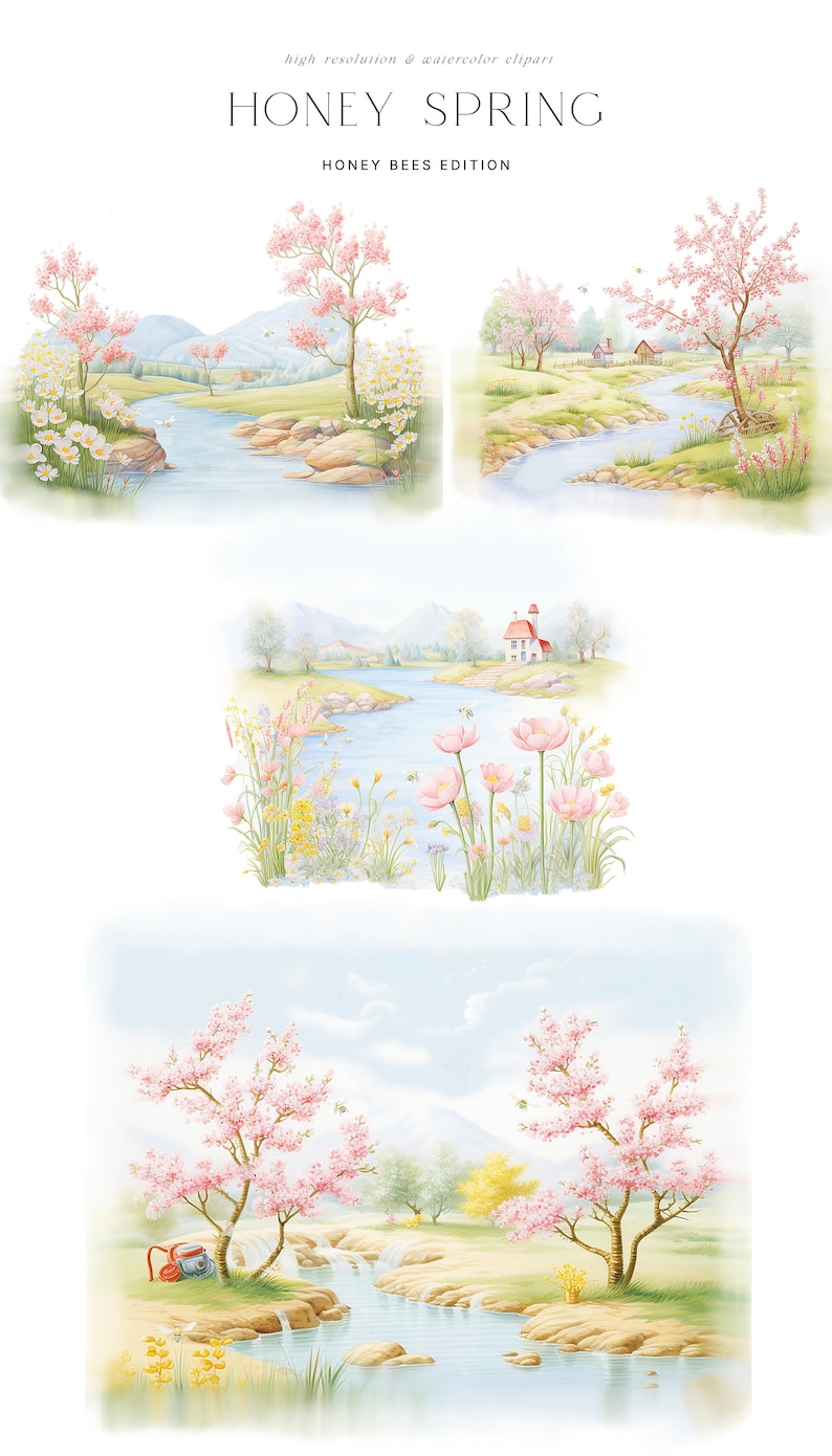 May include: A watercolor painting of a spring scene with a river flowing through a meadow. There are pink cherry blossom trees, a small red house, and bees flying around. The text "HONEY SPRING HONEY BEES EDITION" is at the top of the image.