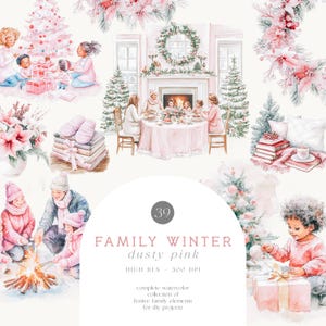 Clipart de Navidad en color rosa empolvado - Clipart familiar - Familia navideña - Rosa y rosa empolvado - Colección de invierno - Invierno - Licencia de venta ilimitada