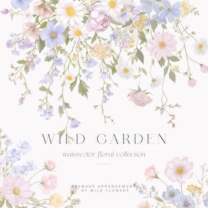 Op de afbeelding: Waterverf bloemstuk met bloemen in pastelkleuren, waaronder madeliefjes en rozen, en groene bladeren. De tekst luidt "WILD GARDEN" en "watercolor floral collection". Kant-en-klare arrangementen van wilde bloemen.