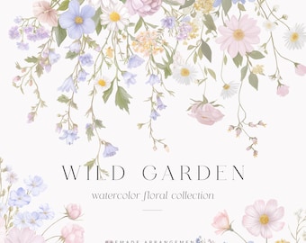 Puede incluir: Arreglo floral en acuarela con flores en colores pastel, incluyendo margaritas y rosas, y hojas verdes. El texto dice "WILD GARDEN" y "watercolor floral collection". Arreglos prefabricados de flores silvestres.