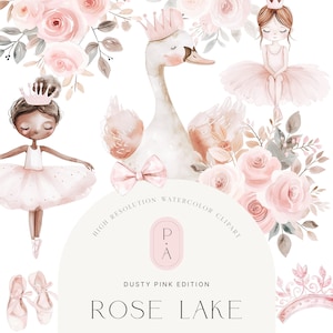 Swan & Ballerina Acquerello Clipart - Rosa polveroso - Clipart Ballerina - Bouquet floreali - Set di clipart cigno - Balletto - Licenza di vendita illimitata