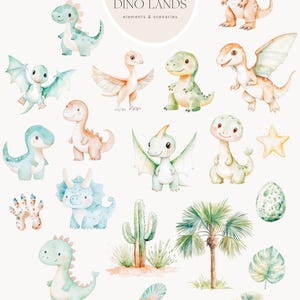 May include: Watercolor illustrations of various cute dinosaurs, including pterodactyls, triceratops, and baby dinosaurs. The image also features a cactus, palm tree, and the text "CUTE DINOSAURS DINO LANDS elements & scenarios."