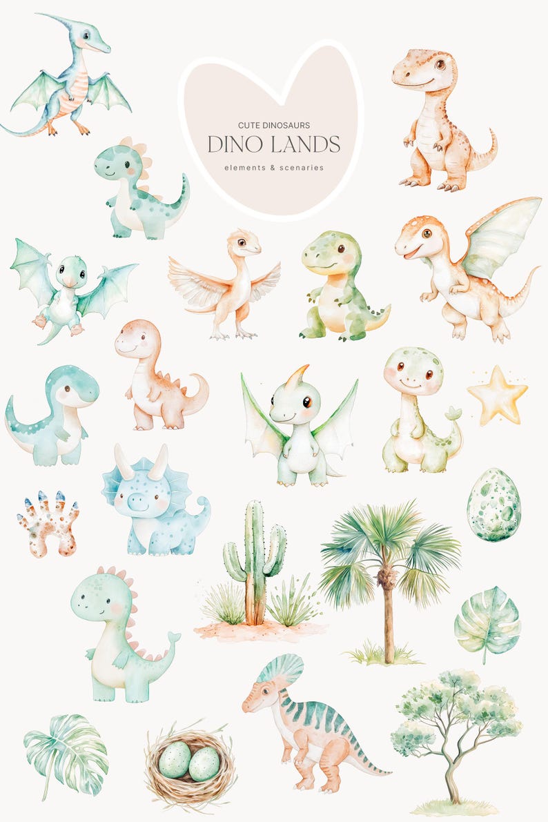 May include: Watercolor illustrations of various cute dinosaurs, including pterodactyls, triceratops, and baby dinosaurs. The image also features a cactus, palm tree, and the text "CUTE DINOSAURS DINO LANDS elements & scenarios."