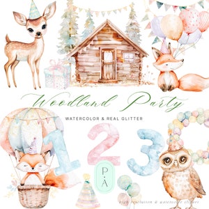 Woodland Party Aquarell Clipart - Partytiere - Waldtiere - Geburtstagsfeier - Aquarell Zahlen - Kinder - Unlimitierte Verkaufslizenz