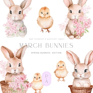 Lente bloemen konijntjes clipart-voorjaar konijntjes aquarel-bloemen konijntjes clipart-paashazen clipart-onbeperkte verkooplicentie