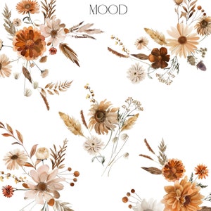 K&ouml;nnte beinhalten: Aquarell-Blumenkollektion mit dem Text "SEPTEMBER MOOD". Das Bild zeigt f&uuml;nf Str&auml;u&szlig;e getrockneter Blumen in Braun-, Beige- und Wei&szlig;t&ouml;nen. Die Str&auml;u&szlig;e beinhalten G&auml;nsebl&uuml;mchen, Sonnenblumen und andere Wildblumen.