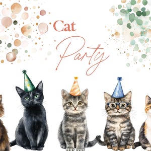 May include: Watercolor illustration featuring five cats wearing party hats. The image has the text "Cat Party" in a script font. The cats are various colors and patterns, with a festive, celebratory theme.