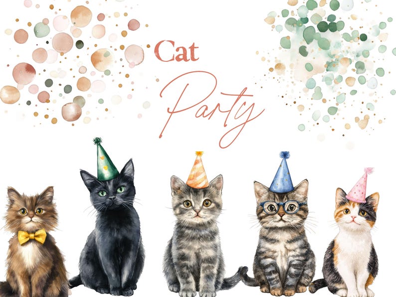 May include: Watercolor illustration featuring five cats wearing party hats. The image has the text "Cat Party" in a script font. The cats are various colors and patterns, with a festive, celebratory theme.