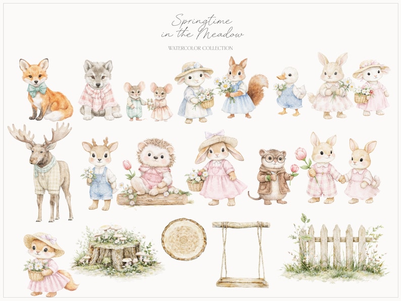 以下が含まれることがあります： 春の衣装を着た森の動物たちを描いた水彩イラスト。キツネ、オオカミ、ネズミ、リス、アヒル、ウサギ、シカ、ハリネズミ、カワウソが含まれています。木製のブランコ、切り株、木製のフェンスも含まれています。テキストには「Springtime in the Meadow」と書かれています。