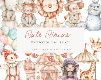 Cute Circus Clipart Set - Watercolor Circus - Circus Animals - Cute Clowns - Watercolor Animals - Clipart For Kids - Unlimited Sales License