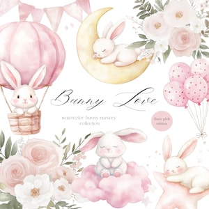 Clipart di coniglietti acquerello per bambini - Coniglietti - Clipart floreale - Rosa antico - Bouquet rosa - Rosa - Bambini coniglietti - Licenza di vendita illimitata