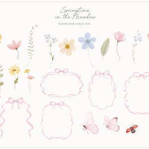 以下が含まれることがあります： 「Springtime in the Meadow」と題された水彩画コレクション。黄色、ピンク、青色の様々な花、緑の葉、ピンクのリボンフレーム、蝶、てんとう虫が描かれています。このアートワークは、柔らかいパステルカラーのパレットを使用しています。
