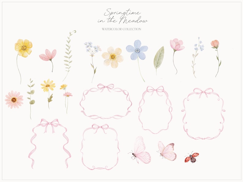 以下が含まれることがあります： 「Springtime in the Meadow」と題された水彩画コレクション。黄色、ピンク、青色の様々な花、緑の葉、ピンクのリボンフレーム、蝶、てんとう虫が描かれています。このアートワークは、柔らかいパステルカラーのパレットを使用しています。