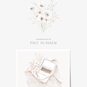 May include: A white laptop computer on a white knitted blanket with white flowers. The text "Pale Planner" is written in black text below the image. The text "Scrapbooking Edition" is written in smaller black text above the text "Pale Planner".
