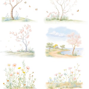 Op de afbeelding: Een set van zes aquarel illustraties met lentebloemen en vlinders. De illustraties omvatten een roze bloeiende boom, een huisje aan een meer en een veld met wilde bloemen.