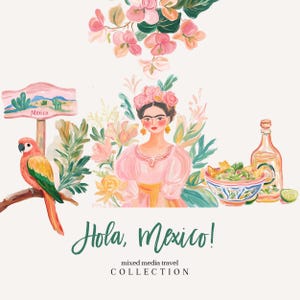 Ilustración de viaje clipart - Clipart de México - Clipart de viaje de México en técnica mixta pintado a mano - México en acuarela - Clipart de viaje