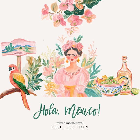 Travel Illustration clipart - Mexico clipart - Handpainted Mixed Media Mexico Travelling Clipart - Watercolor Mexico - Traveling Clipart