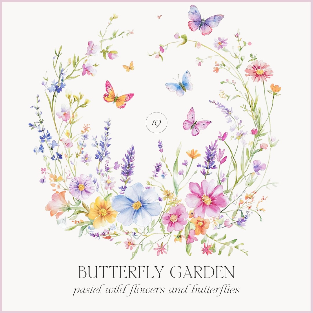 Watercolor Wild Flowers and Butterflies Clipart - Pastel Spring Flowers -  Floral Collection - Butterflies in Watercolor Style - Floral - Etsy, image size:1080x1080