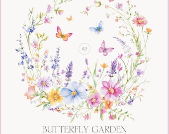 Clipart wilde bloemen en vlinders aquarel - pastel lentebloemen - bloemencollectie - vlinders in aquarelstijl - bloemen