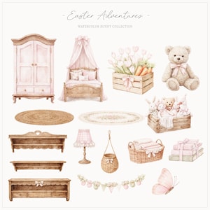Op de afbeelding: Waterverfillustratie met Pasen-thema. Bevat een roze kledingkast, bed, vloerkleden, planken, een lamp, een mand, een teddybeer en een kist met tulpen en wortelen. De tekst "Easter Adventures" staat bovenaan.