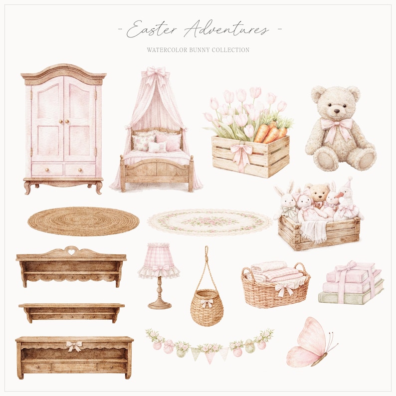 Op de afbeelding: Waterverfillustratie met Pasen-thema. Bevat een roze kledingkast, bed, vloerkleden, planken, een lamp, een mand, een teddybeer en een kist met tulpen en wortelen. De tekst "Easter Adventures" staat bovenaan.