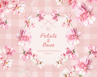 May include: Watercolor illustration featuring pink and white flowers, bows, and the text "Petals & Bows." The design includes a wreath of flowers and bows, with additional floral and bow elements scattered across a pink gingham background.