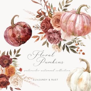 Aquarel pompoenen en bloemen clipart - herfst clipart - herfst clipart - pompoen clipart - bordeaux en roest bloemen - herfstbloemen