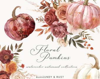 Watercolor Pumpkins And Flowers Clipart - Fall Clipart - Autumn Clipart - Pumpkin Clipart - Burgundy and Rust Florals - Fall Flowers