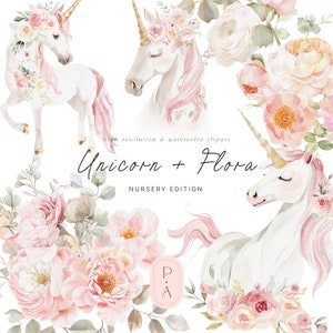 Florale Einhörner Aquarell Clipart - Blush Einhörner - Blush Florals - Blumensträuße - Kinderzimmer - Einhorn Clipart - unbegrenzte Verkaufslizenz