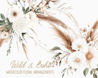 Aquarell weiße Boho Blumen Gestecke - Boho Trockenblumen - Boho Brautsträuße - Aquarell Boho Clipart