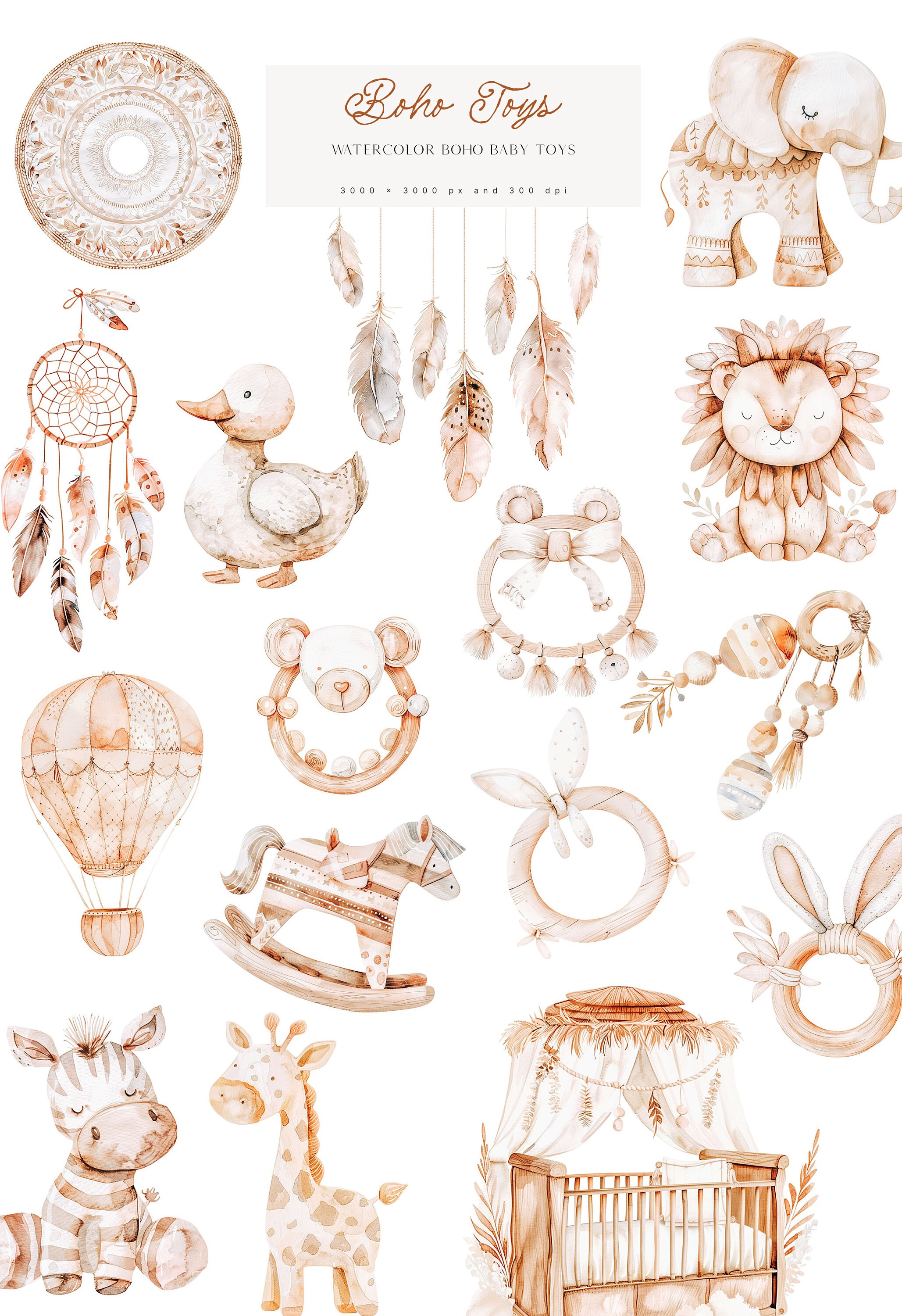Boho Baby Toys Clipart - Neutral Baby Shower Clipart - Boho Baby ...