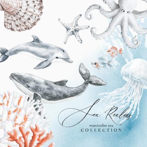 Conjunto de imágenes prediseñadas submarinas de acuarela: animales marinos, criaturas marinas, conjunto náutico, imágenes prediseñadas bajo el mar, mar de acuarela