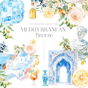 Clipart aquarelle méditerranéen - carreaux et cadres méditerranéens - Clipart floral citron - Clipart olive - Grèce - Licence de vente illimitée