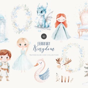 May include: Watercolor illustrations of a winter wonderland with a blue dragon, a princess in a blue dress, a prince in a blue and gold suit, a swan, a moose, a snow-covered tree, and a wreath with blue flowers. The text "46 FEBRUARY Kingdom WATERCOLOR ICED COLLECTION" is also included.