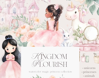 Princess Watercolor Clipart - Pink Princesses - Dusty Pink - Unicorn Clipart - Kingdom Clipart - Magical Clipart - Unlimited Sales License