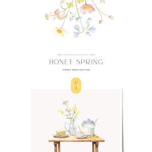 May include: Watercolor illustration of a table setting with a pitcher, a jar of milk, a bowl, a plate of waffles, and a bouquet of yellow flowers. The table is made of wood and has a light brown finish. The illustration is on a white background with a torn edge.