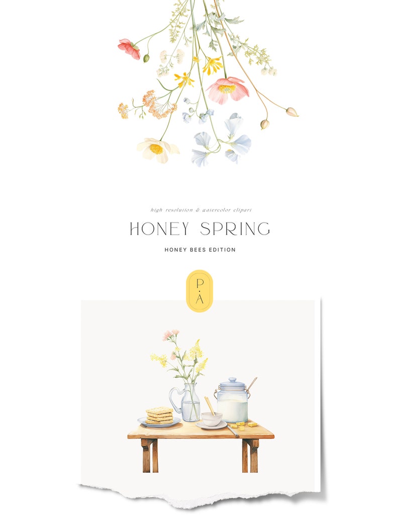 May include: Watercolor illustration of a table setting with a pitcher, a jar of milk, a bowl, a plate of waffles, and a bouquet of yellow flowers. The table is made of wood and has a light brown finish. The illustration is on a white background with a torn edge.