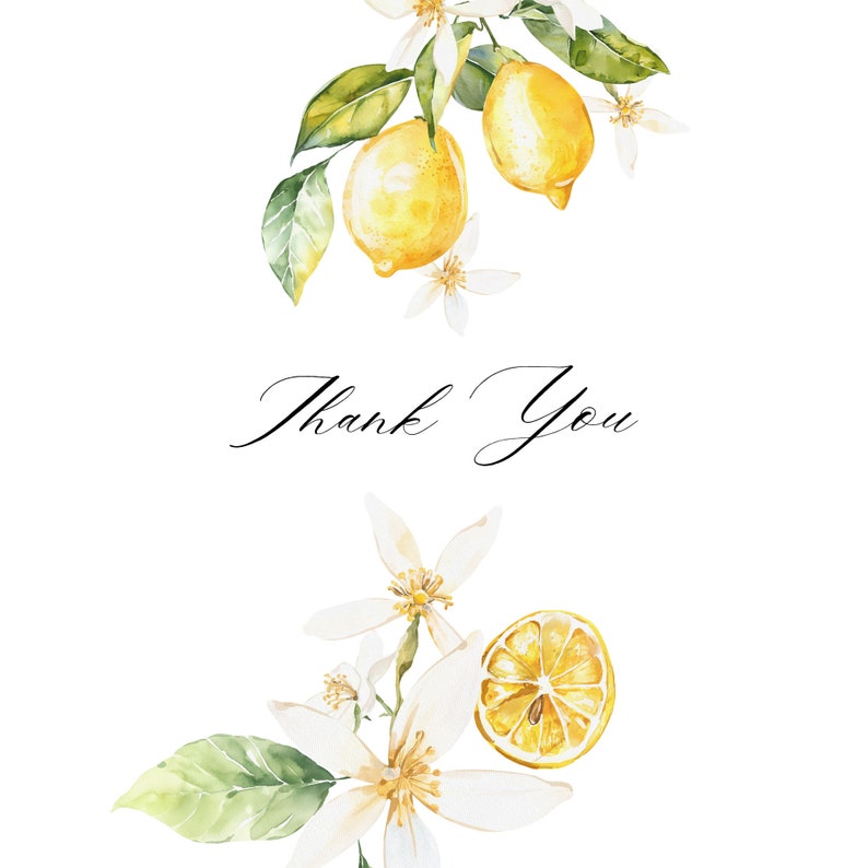 May include: Watercolor illustration of a lemon tree branch with white flowers and yellow lemons. The text "Thank You" is written in black cursive script below the branch.