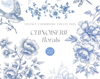 May include: A collection of 22 vintage chinoiserie floral designs, featuring blue and white illustrations of bouquets, wreaths, and more. The text "Chinoiserie florals" is displayed in a large font, with the number "22" in a circle below it.