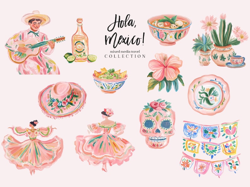 May include: A collection of watercolour illustrations featuring Mexican themes, including a mariachi musician playing a guitar, a bottle of tequila, a bowl of guacamole, a sombrero, a sugar skull, a flower, a plate, and a string of colourful flags. The text "Hola, Mexico!" is written in a decorative font.