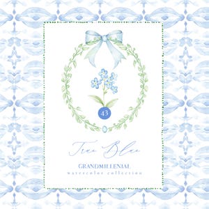 Collection de cliparts bleu grand millénaire à l'aquarelle avec myosotis, bleu et vert, motifs, cadres, couronnes et éléments
