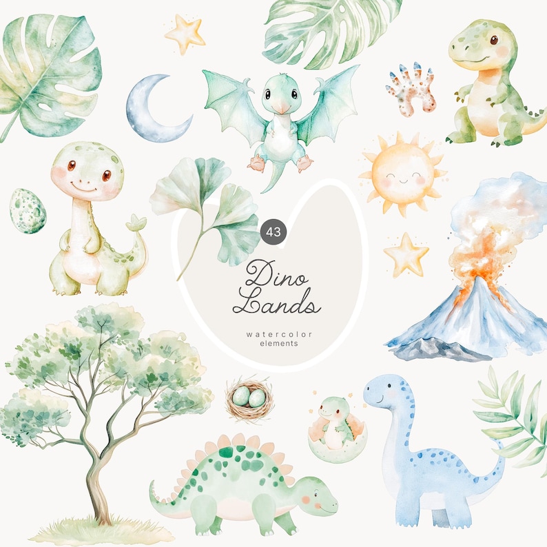 May include: Watercolor illustrations of dinosaurs and nature elements. The image features various dinosaurs, a volcano, a sun, stars, leaves, and the text "Dino Lands watercolor elements". The color palette includes shades of green, blue, yellow, and orange.