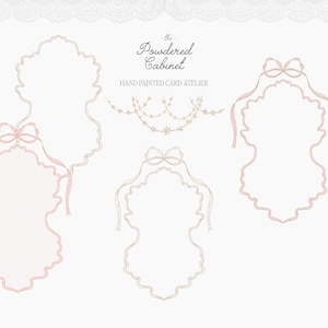 Pode incluir: Uma cole&ccedil;&atilde;o de designs de cart&otilde;es pintados &agrave; m&atilde;o. A imagem apresenta v&aacute;rias molduras ornamentadas com detalhes de fitas rosa e creme. O texto "the Powdered Cabinet" &eacute; exibido acima da frase "HAND PAINTED CARD ATELIER".
